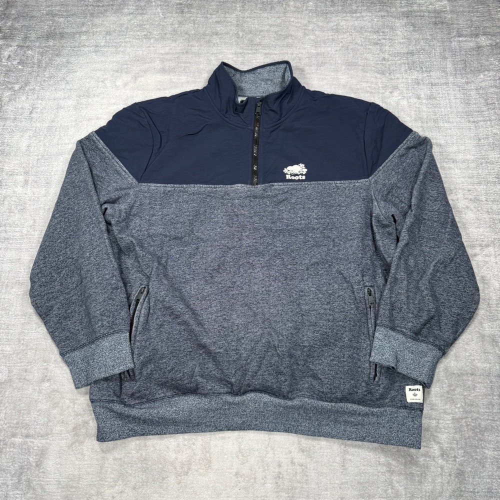 Roots Sweatshirt Mens 2XL Blue Quarter Zip Pullover Colorblock Fleece Comfort